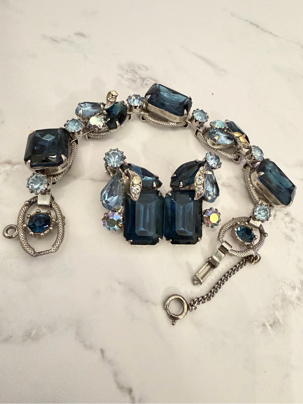 Vintage Blue Rhinestone Demi-Parure Set - Mesh Link Bracelet & Clip-On Earrings